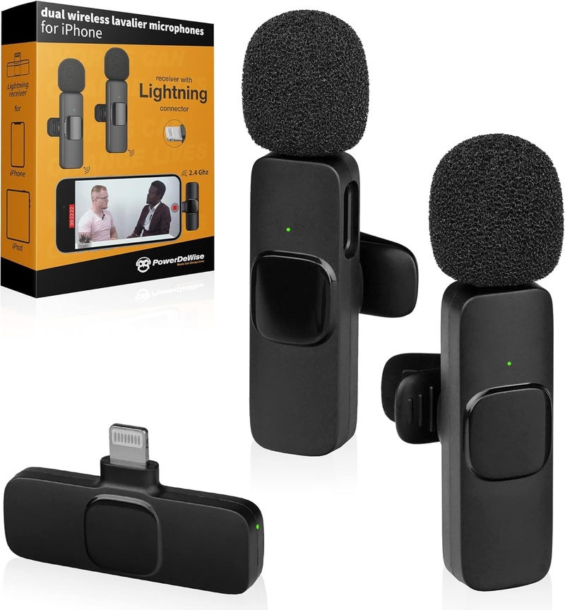 PowerDeWise Professional Wireless Lavalier Lapel Microphone for iPhone, iPad - Dual Omnidirectional Condenser Recording Mic for Interview Video Podcast Vlog YouTube - Image 1